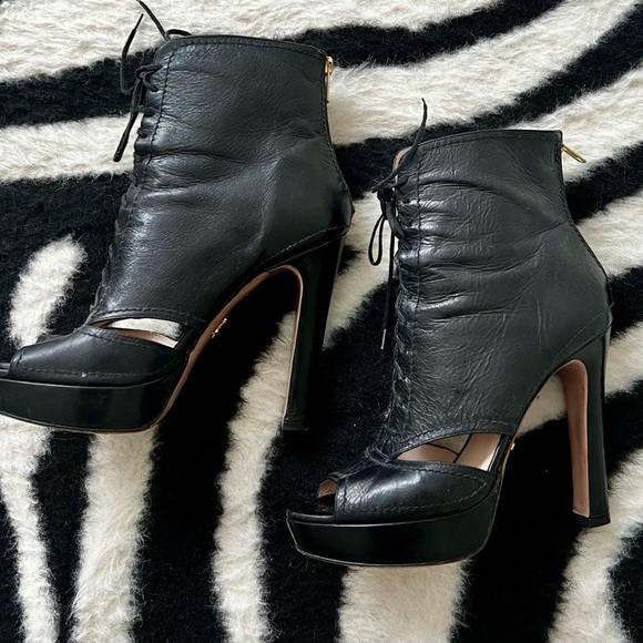 Prada Leather Peep Toe Platform Laced-up High Heel Bootie in Black, EU 37 - Picture 2 of 10